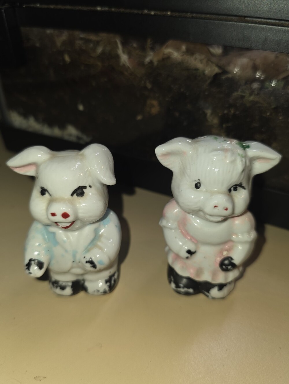 Vintage Ceramic Pig Salt and Pepper Shakers - White with Pink & Blue Accents